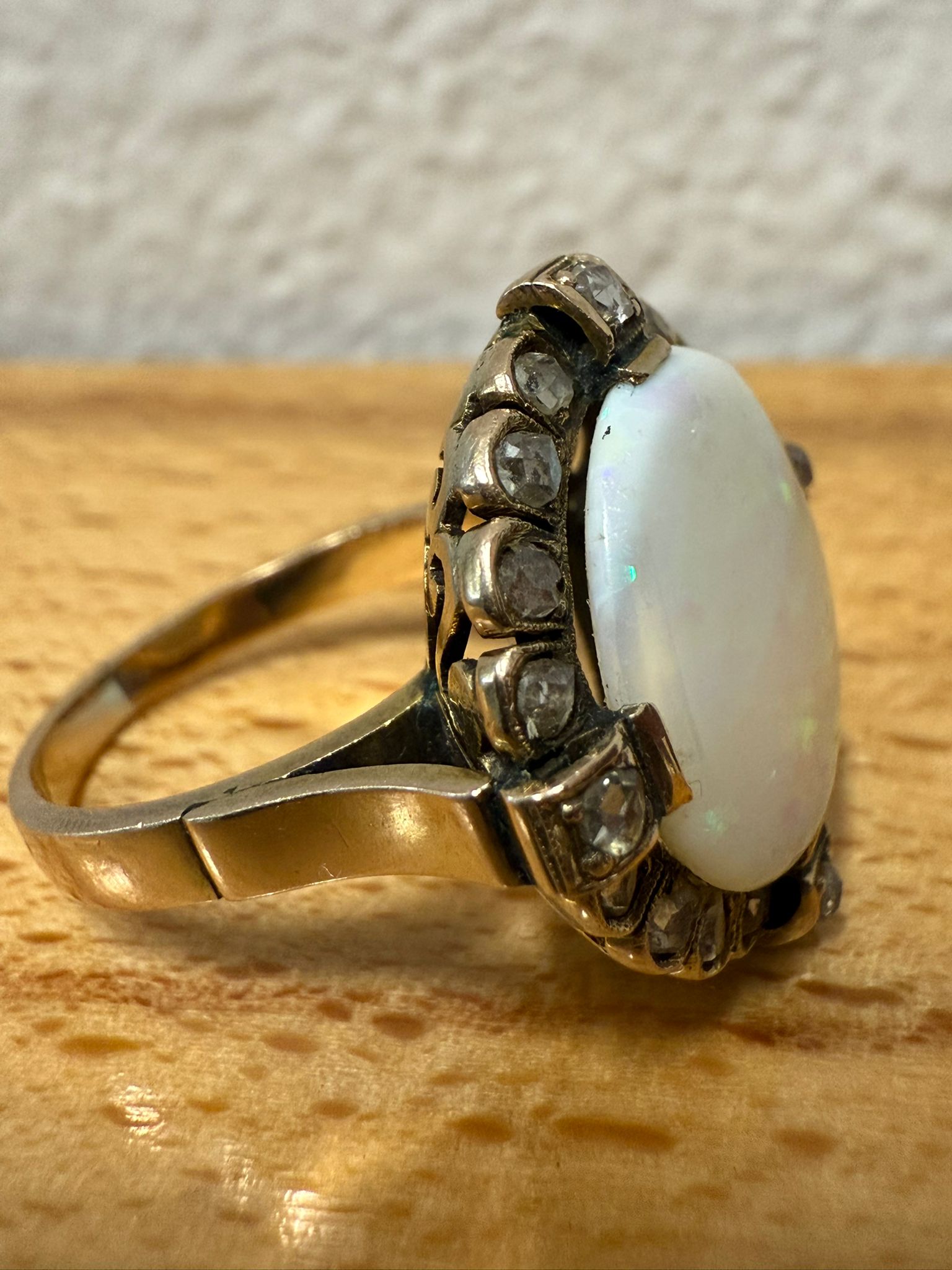 McAllen Jewelers Vintage Oval Opal & Rose-Cut Diamond Halo Ring in Yellow Gold