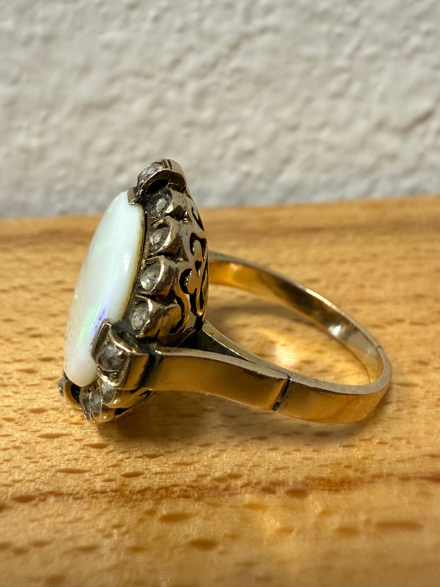 McAllen Jewelers Vintage Oval Opal & Rose-Cut Diamond Halo Ring in Yellow Gold