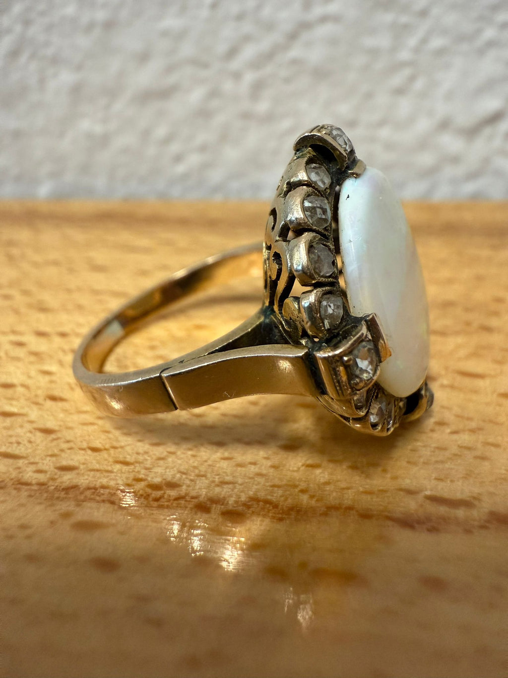 McAllen Jewelers Vintage Oval Opal & Rose-Cut Diamond Halo Ring in Yellow Gold